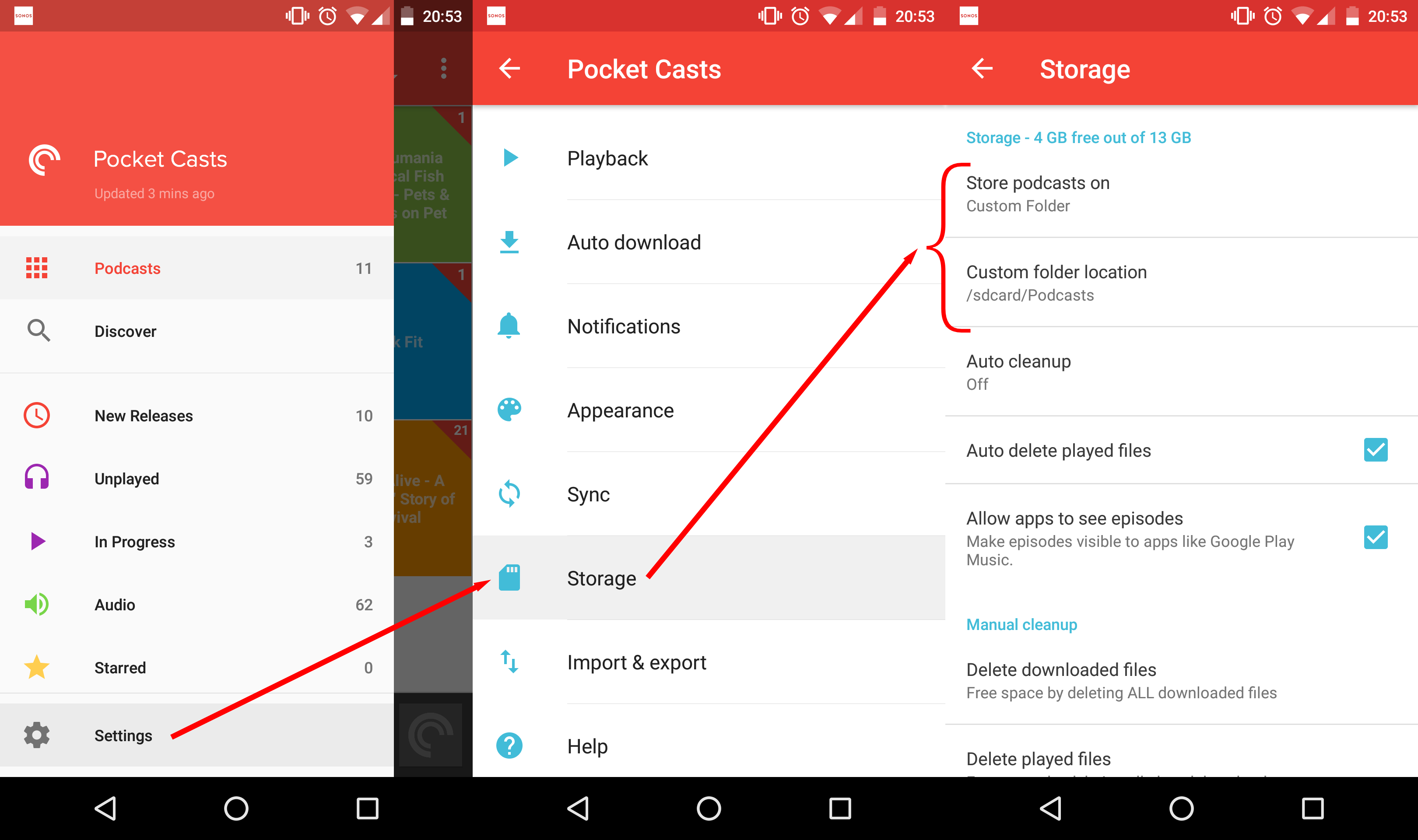 Pocket Casts settings for Sonos Podcasts